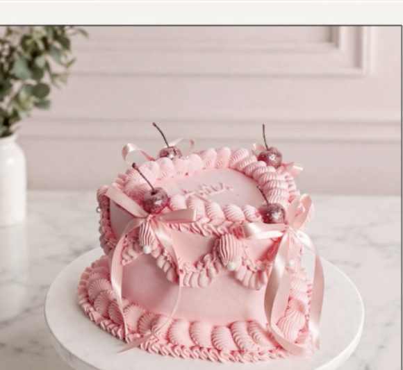 Pink heart-shaped cake with cherries and ribbon by Bloomey Cakes