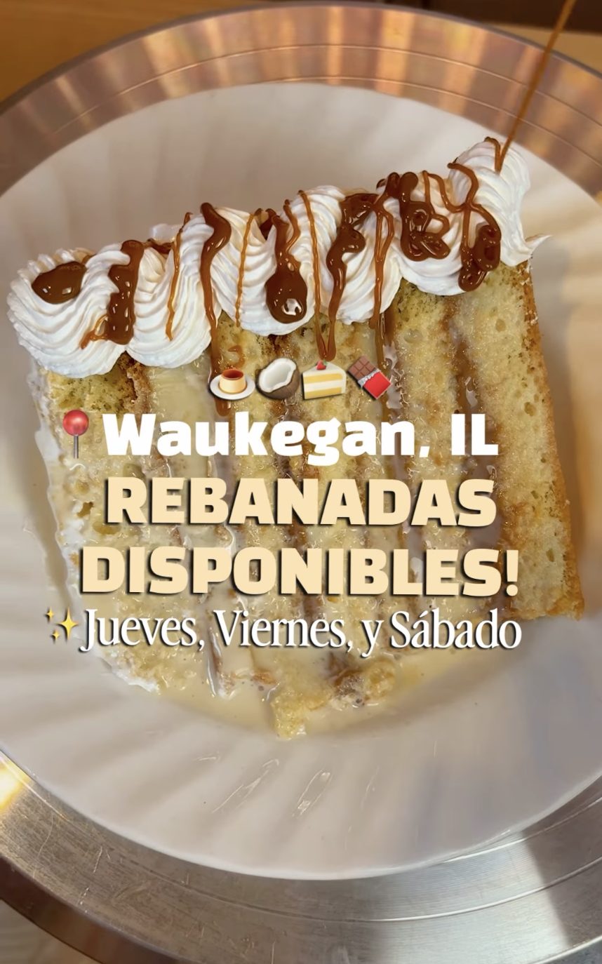 Tres leches cake slice with caramel drizzle, sold in Waukegan IL